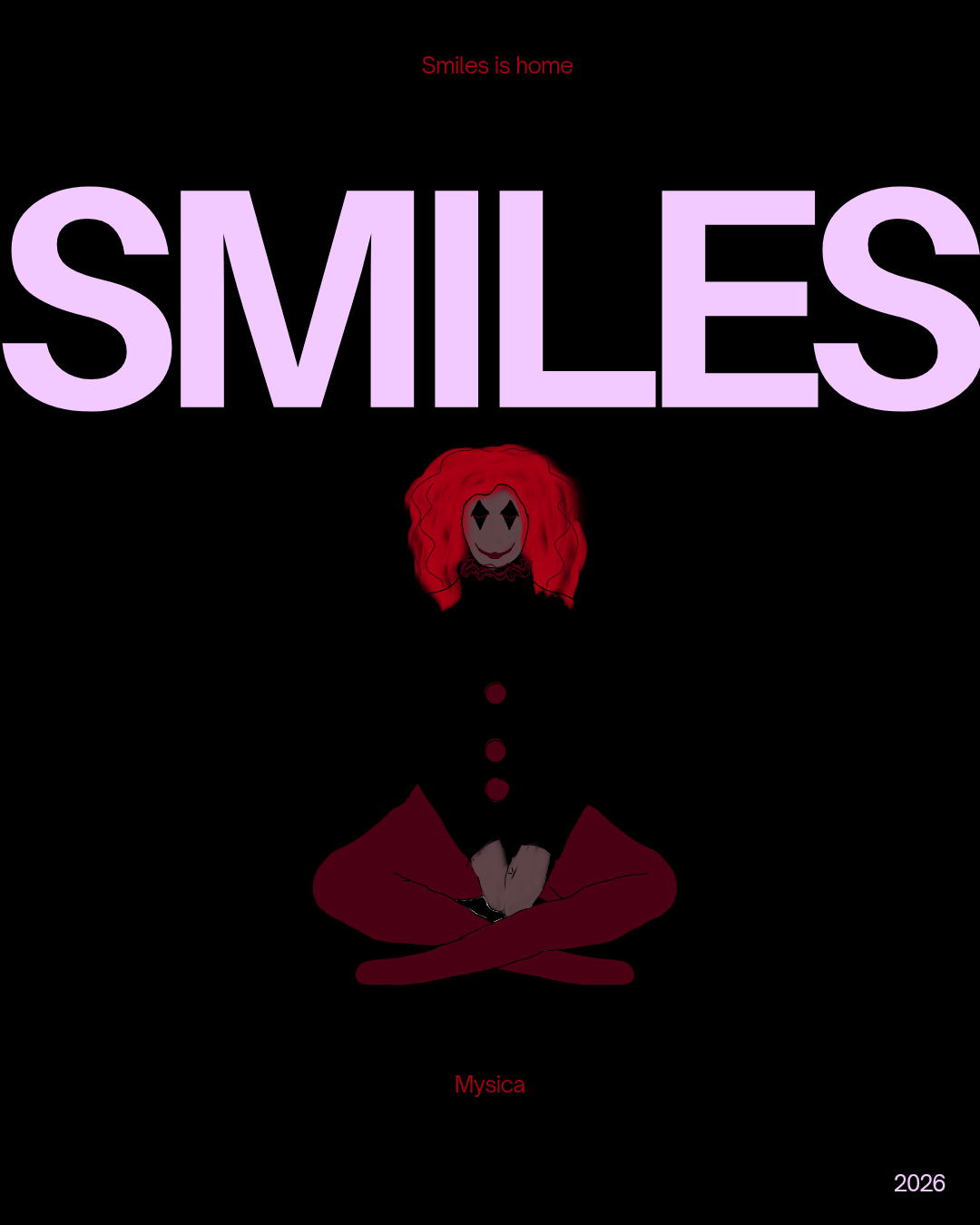 Digital drawing of a creepy red haired clown sitting and smiling at you